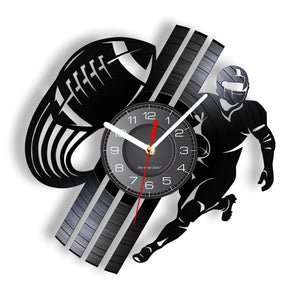 American Football Vinyl LP Record Wall Clock Sports Home Decor Football Player Laser Cut Re-purposed Record Clock Timepieces
